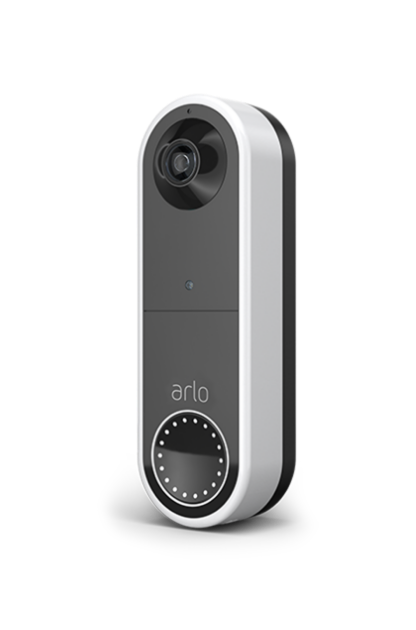 La sonnette vidéo sans fil blanche et noire Arlo de profil avec un lien pour voir toutes les sonnettes d'Arlo
