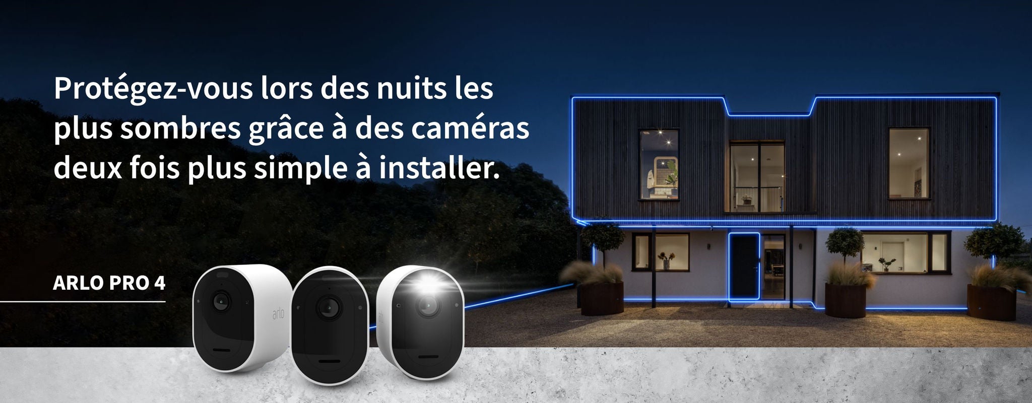 Une maison sécurisée dans la nuit par trois caméras Arlo Pro 4