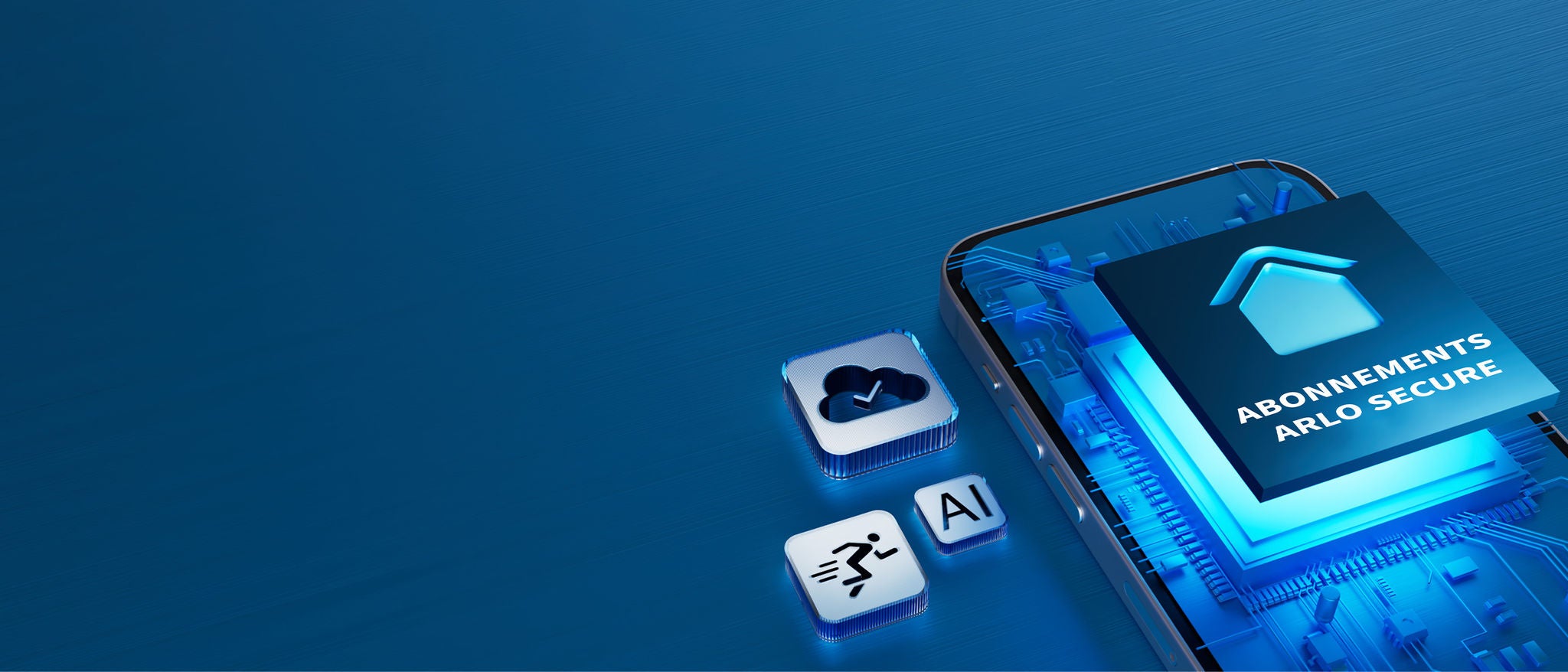 Une illustration lumineuse d'un téléphone mobile sur lequel sont écrits des abonnements sécurisés fait la promotion de l'abonnement de sécurité domestique d'Arlo, qui vous permet d'enregistrer et de revoir vos vidéos de sécurité.