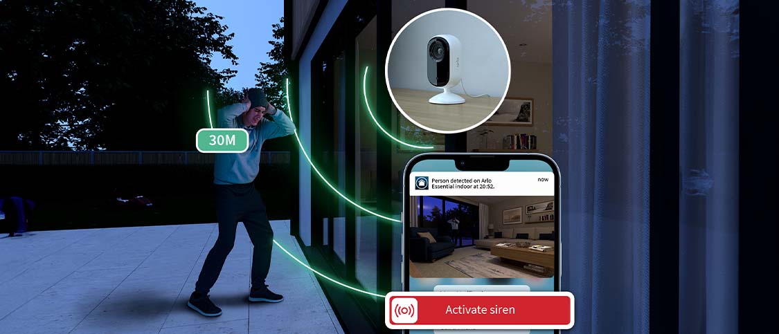 Scare off intruders with the built-in 80 db smart siren that can be heard up to 30 metres away. Have it automatically go-off if motion is detected or trigger from the app