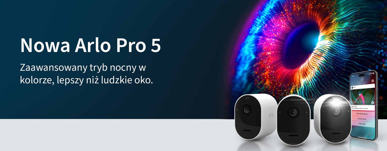  Trzy kamery Arlo Pro 5 z kolorowym tłem, które pokazuje jakość kolorów w filmach z kamer