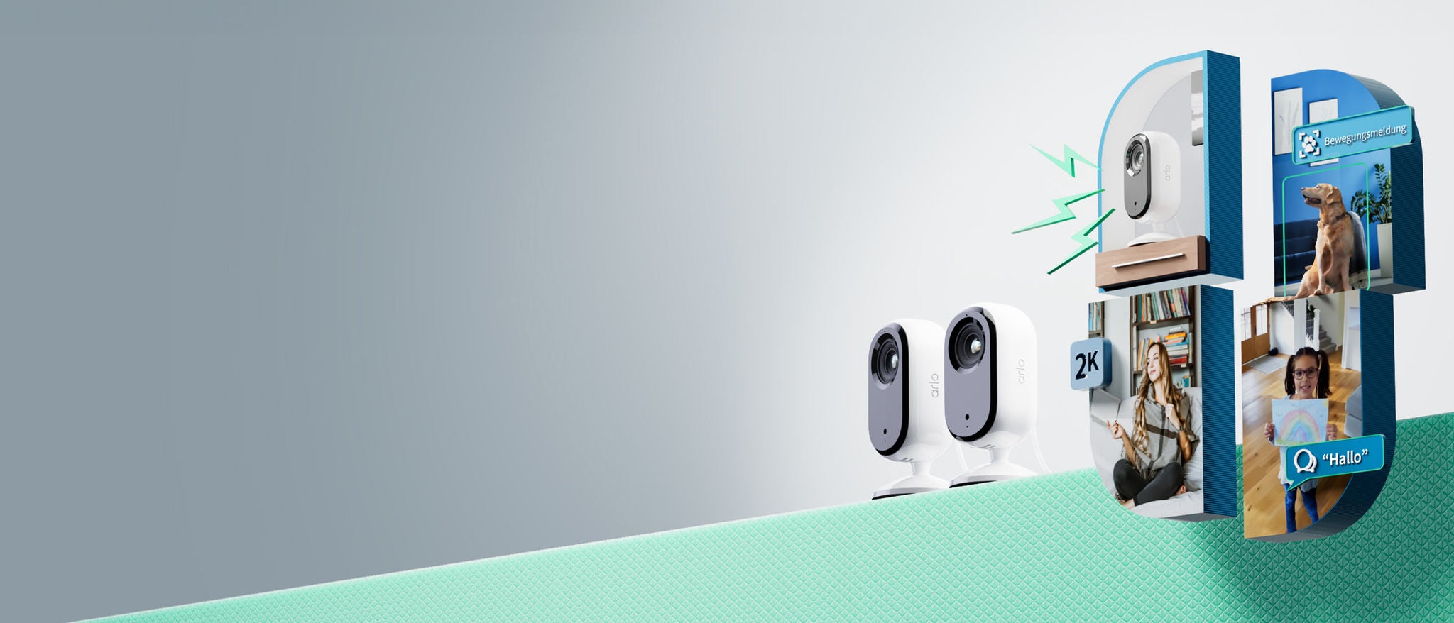  A visual representation of a camera screen split in four shows the 4 in 1  protection offered by the Arlo Essential 2K outdoor security camera to make your home feel safer