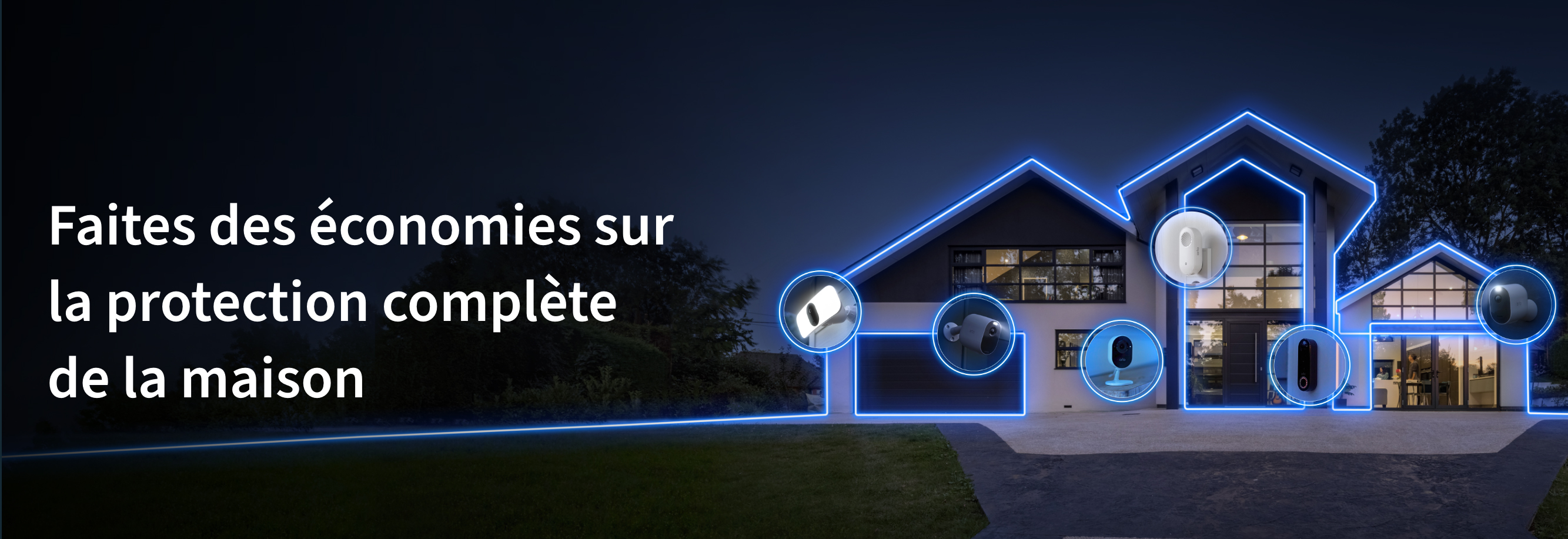 Une vue nocturne d'une maison entourée d'un bouclier de lumière transmet les caméras Arlo qui la protègent