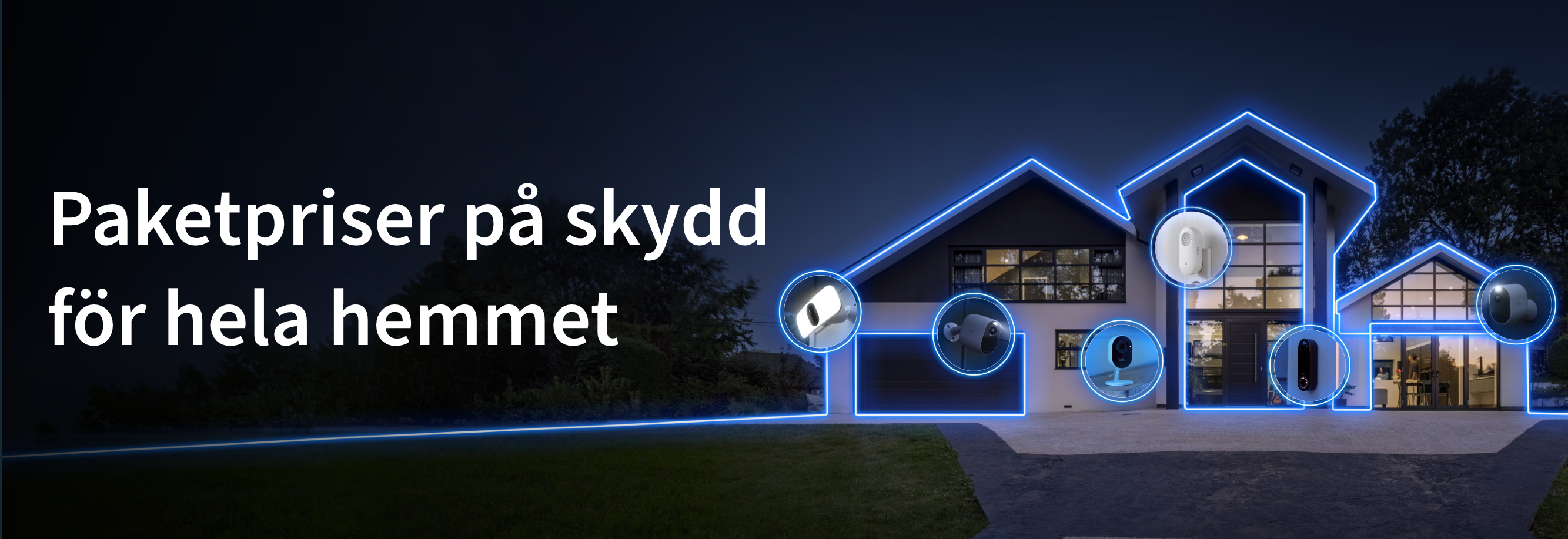 En nattvy av ett hus med en ljussköld runt sig visar att Arlo-kameror skyddar det