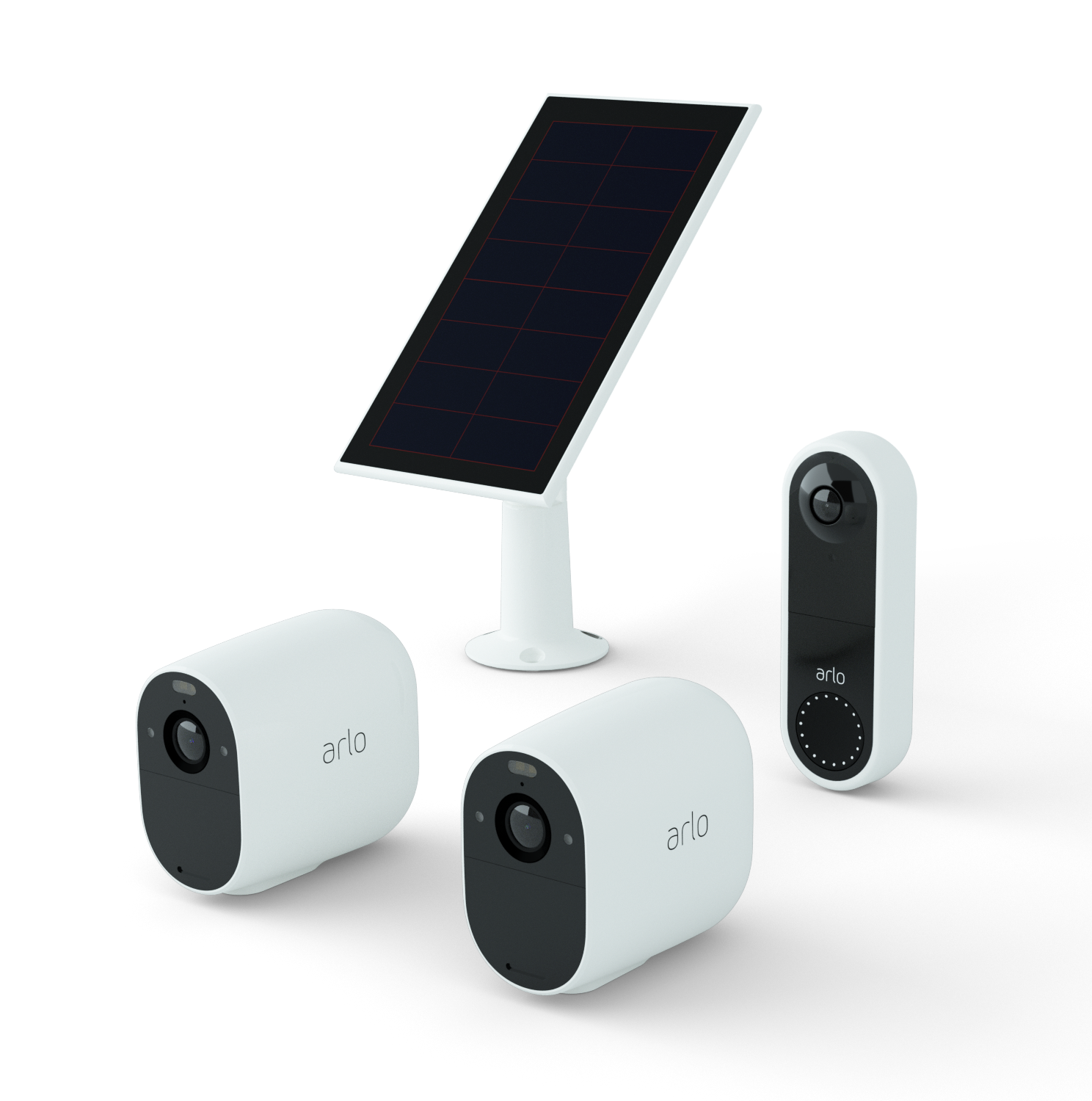 The Arlo white and black wireless video doorbell in profile with a link to view all Arlo doorbells