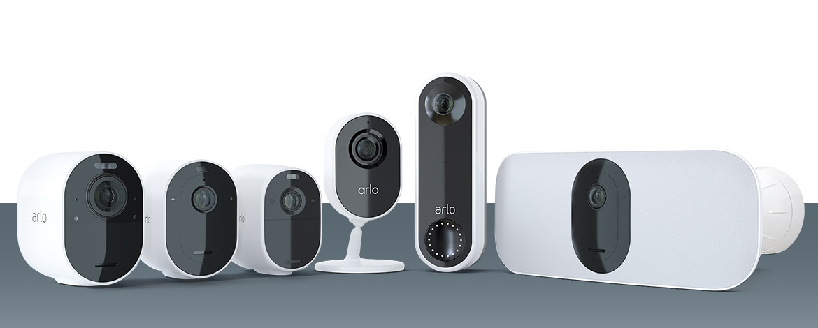 Arlo security products with the outdoor security camera, indoor security camera, floodlight camera and wireless video doorbell.