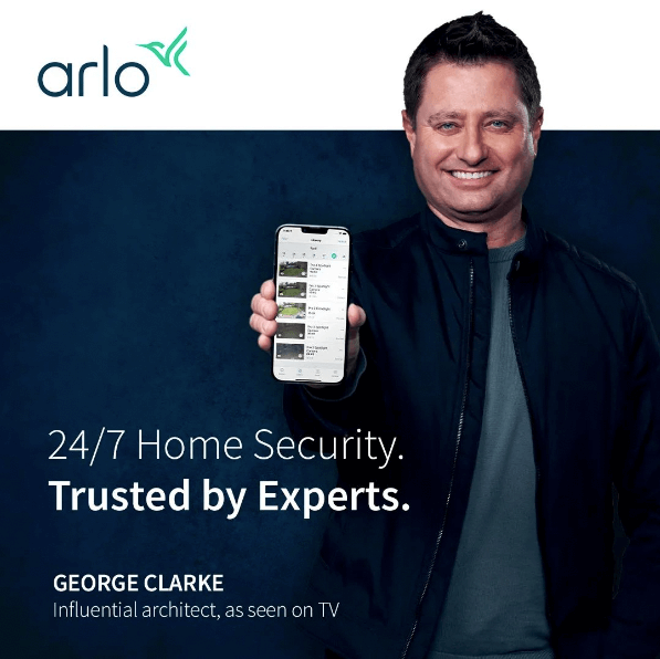 Arlo's Instagram post with George Clarke, Influential architect on TV, recommending Arlo products with a link on the post