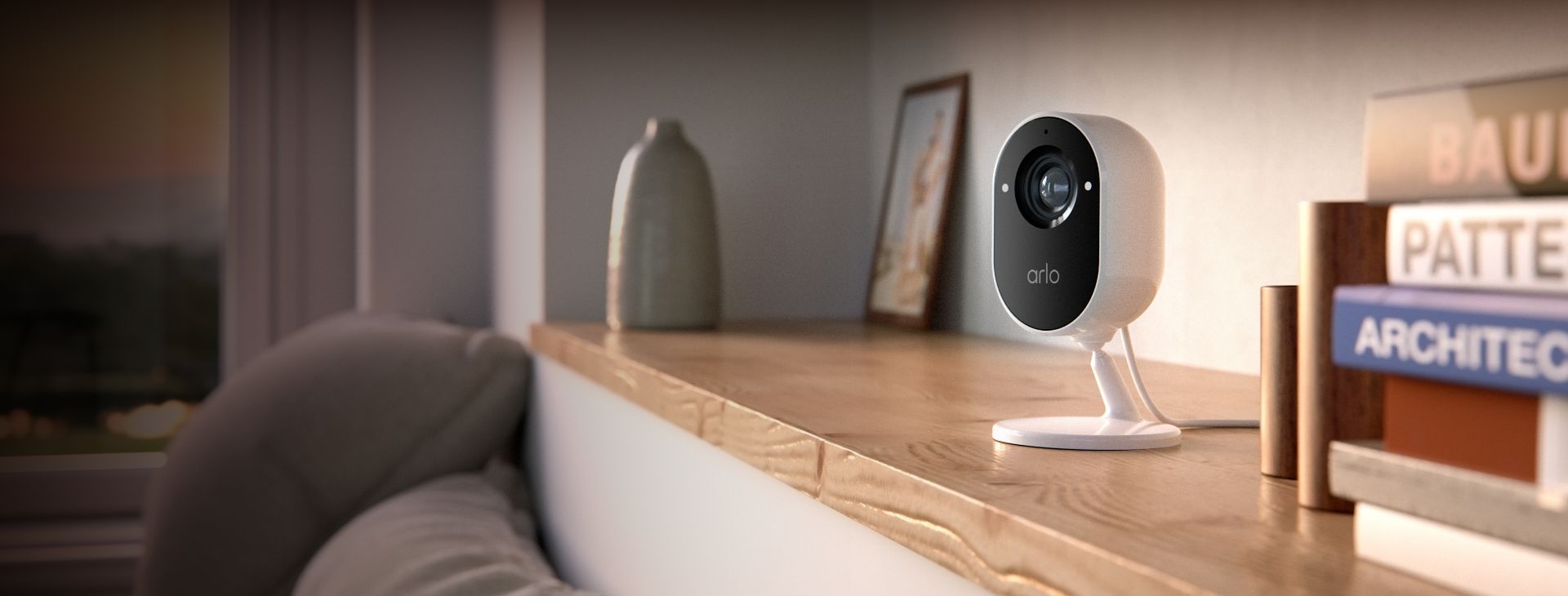 The Arlo Essential Indoor security camera installed inside a house for permanent indoor protection. 