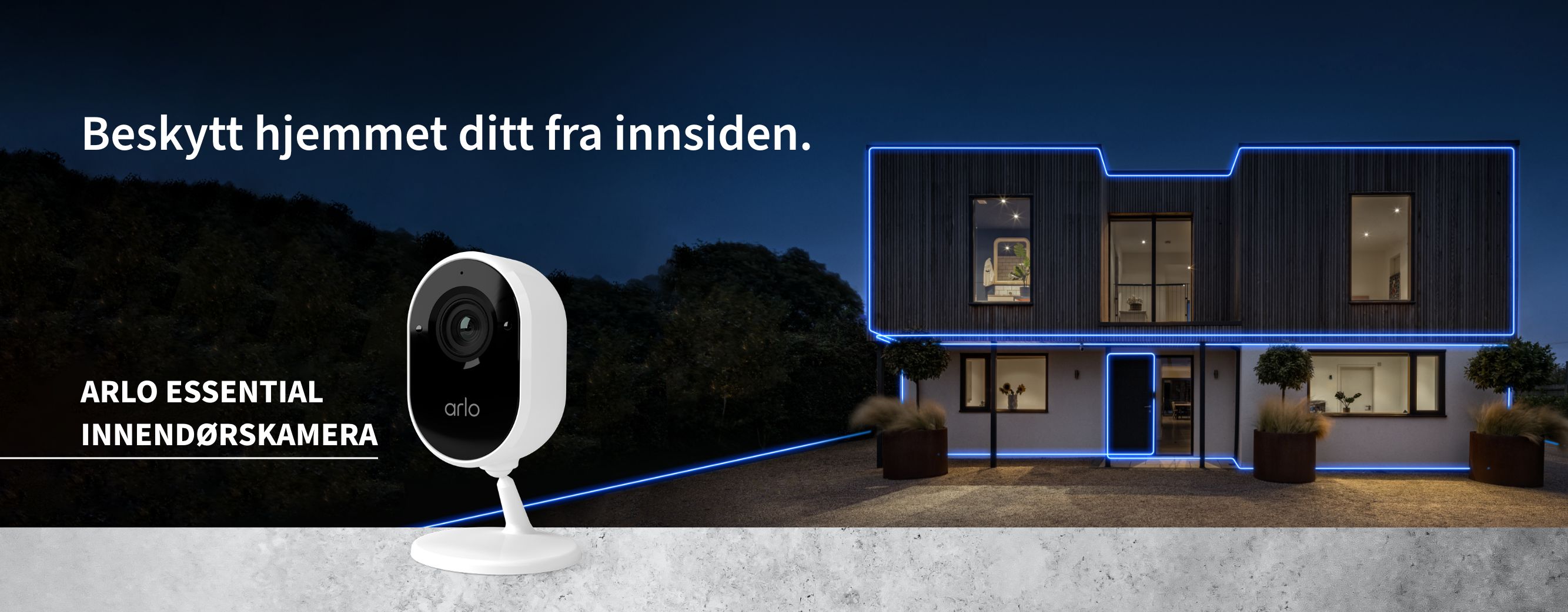 Et Arlo Essential Security-kamera plassert på en hylle i en stue, Good Design Award