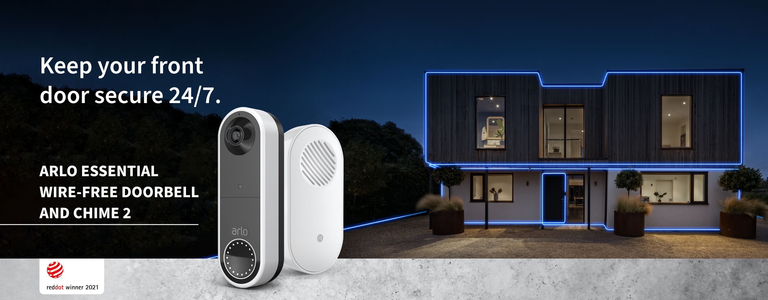 An Arlo  Essential Wire-free Doorbell and chime 2  gives you the full picture view -  Reddot winner 2021