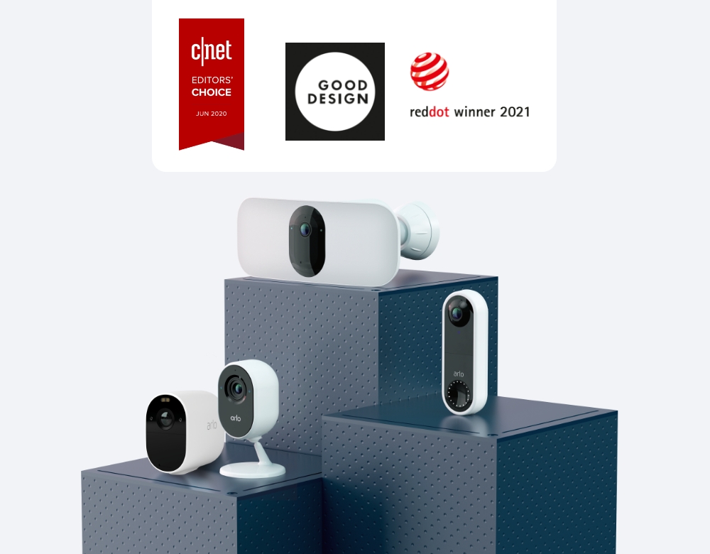 Awards won by Arlo security products: reddot winner, Good design and T3