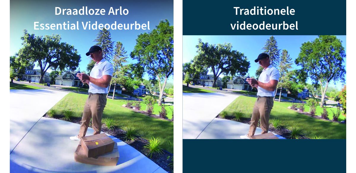 An image illustrates Arlo's wire-free video doorbell gives you a full view picture compared to a traditional video doorbell