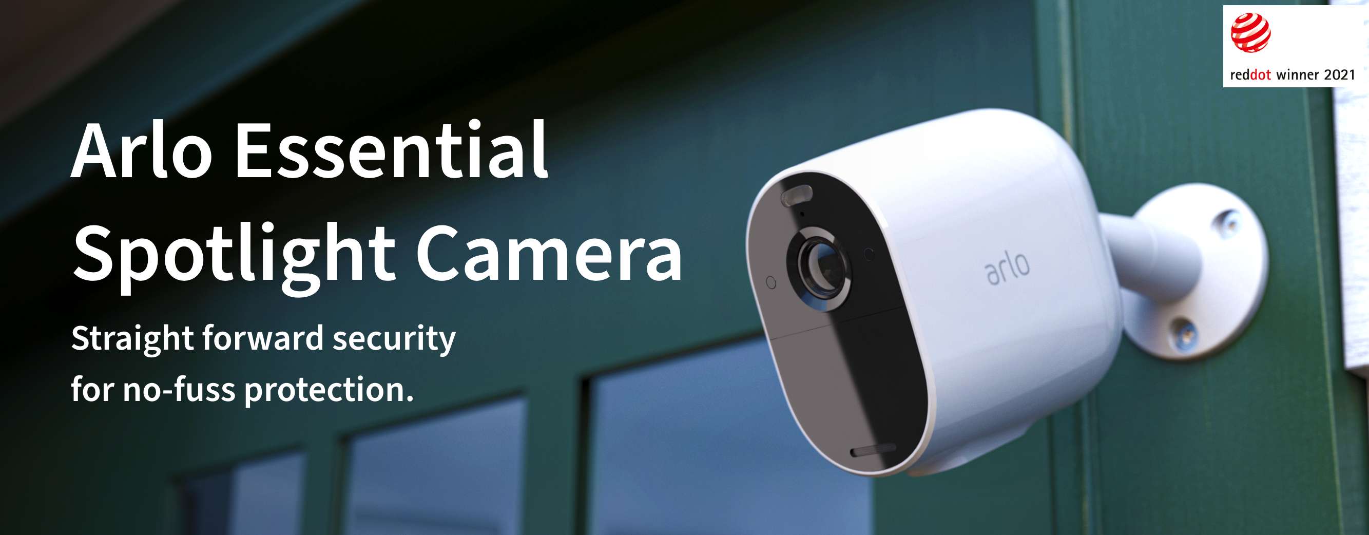 Arlo Essential Spotlight camera attached to a door, Reddot winner 2021 UK