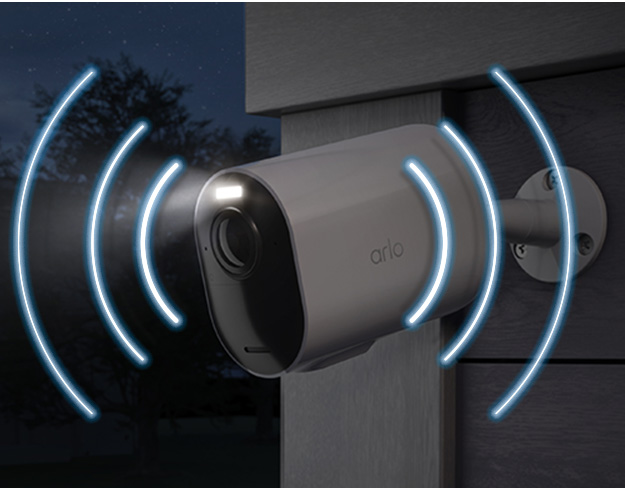 Een visueel effect toont de ingebouwde sirene van de Arlo Ultra 2 XL beveiligingscamera