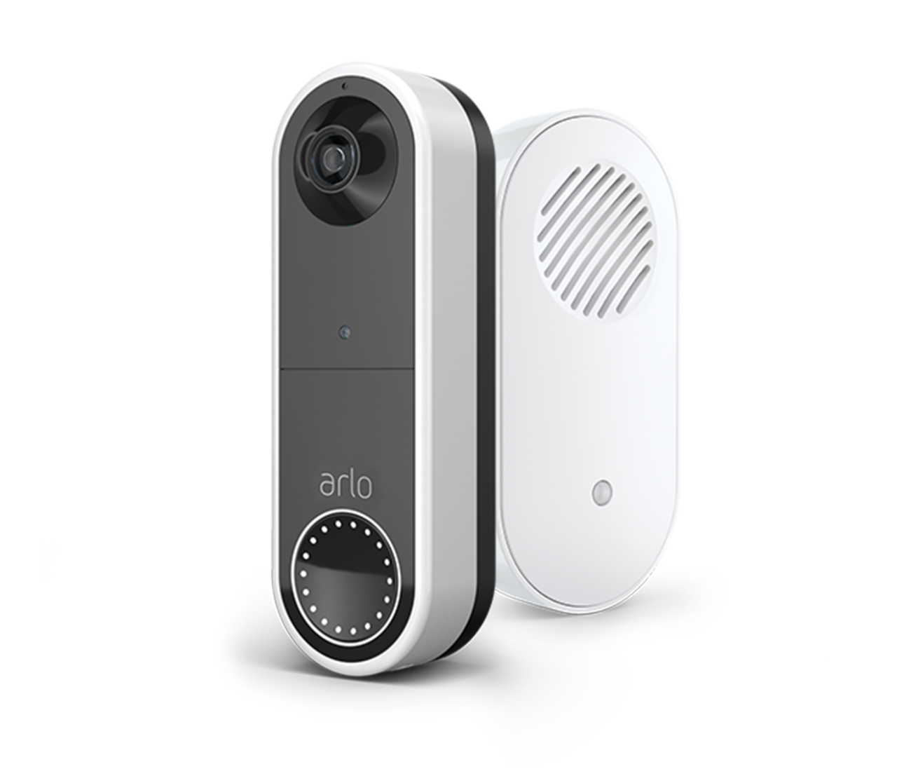 A white wireless video doorbell and chime