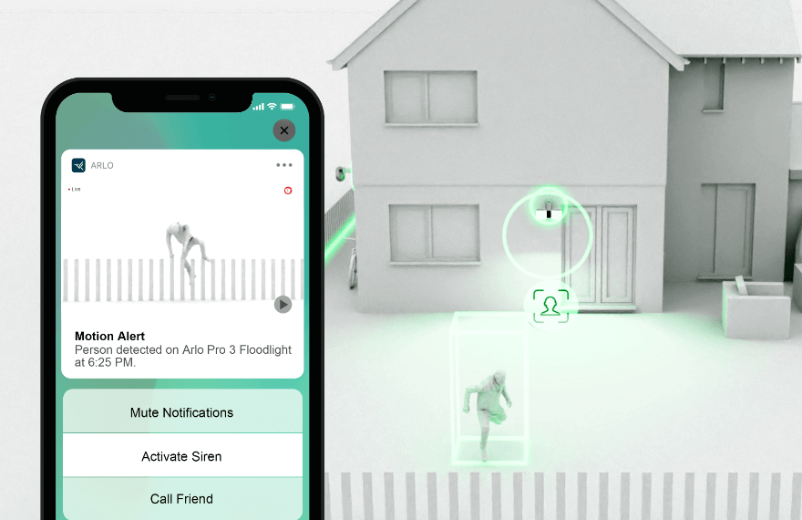 Une illustration montre un intrus entrer près d’une maison et le champ d’action de la caméra de sécurité ainsi que l’alerte reçue sur le téléphone