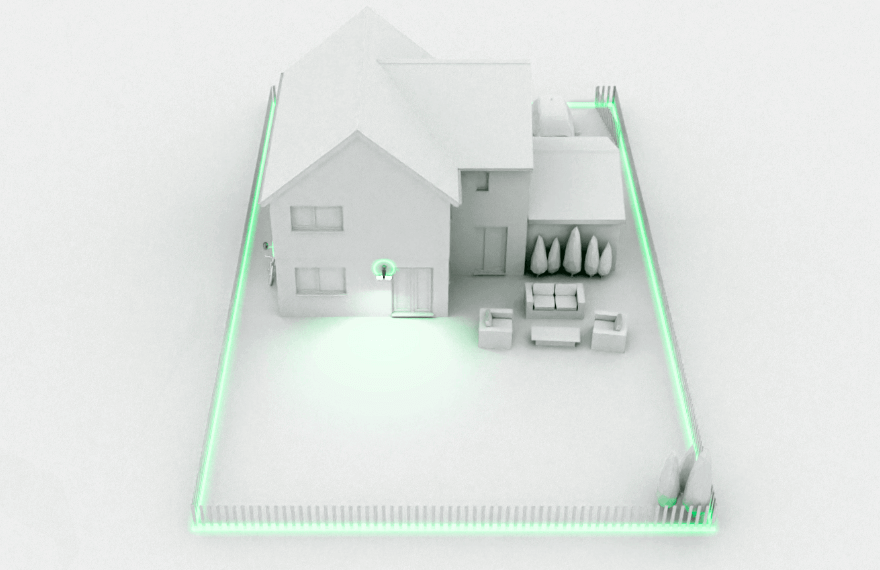 Utvändigt diagram över ett hus med områden som skyddas av Arlo-säkerhetskameror och videodörrklockor