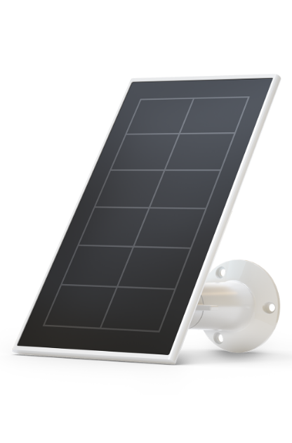 El panel solar blanco Arlo para cargar permanentemente su cámara de seguridad. Haga clic en el enlace para ver todos los accesorios de Arlo.