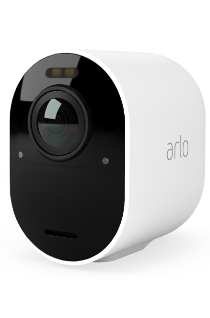 De Arlo Ultra 2 witte beveiligingscamera in profiel met een link om alle Arlo beveiligingscamera's te bekijken