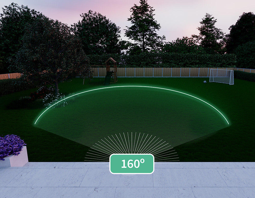  Der Garten eines Hauses mit einem Effekt, der das 160°-Sichtfeld der Überwachungskamera zeigt