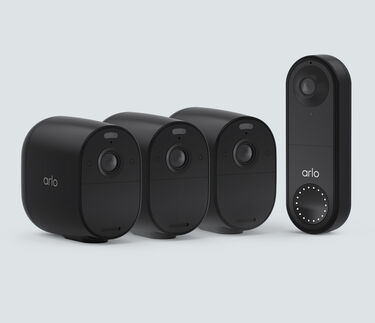 The Wired Doorbell & Essential 3 Cam Bundle, in black, facing front