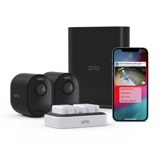 Arlo Secure Annual Plan + Ultra 2 - 2 Camera Kit + Dual Charging Station, in black, facing right