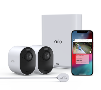 Arlo Secure Annual Plan + Ultra 2 - 2 Camera Kit + Outdoor Charging Cable, in white, facing right