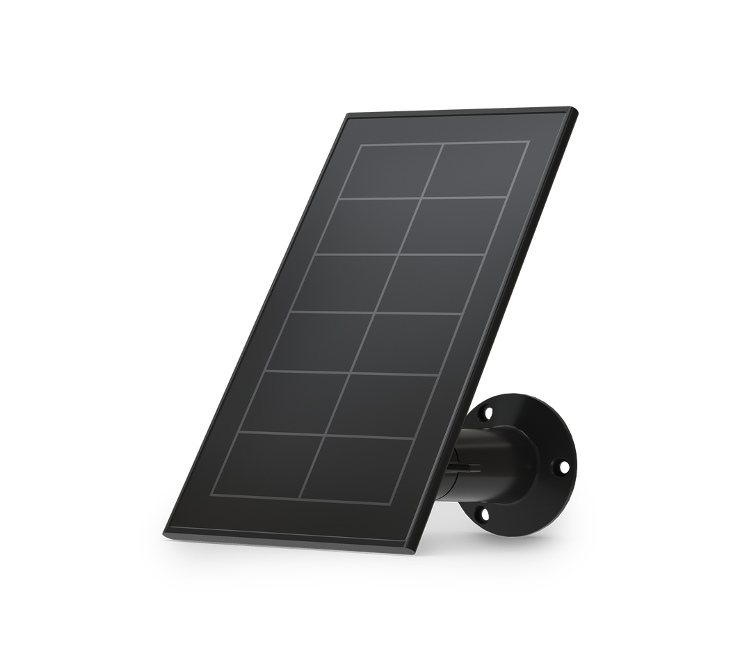 Arlo Essential Solar Panel, in black, facing left 