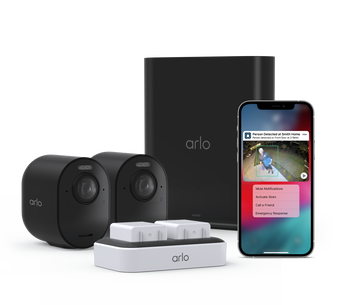 Arlo Secure Annual Plan + Ultra 2 - 2 Camera Kit + Dual Charging Station, in black, facing right