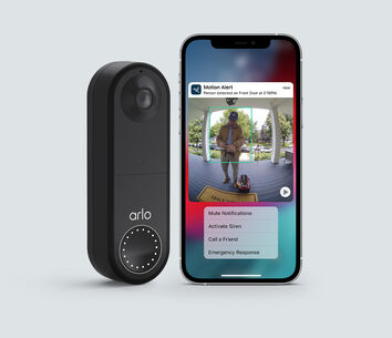 Arlo Secure + Wireless Doorbell, in black, facing front