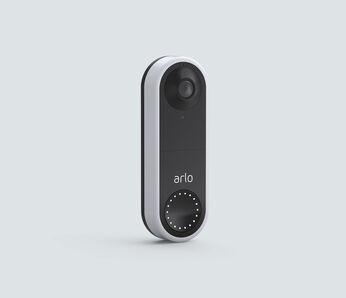 Arlo Essential Wired Video Doorbell, in white, facing right