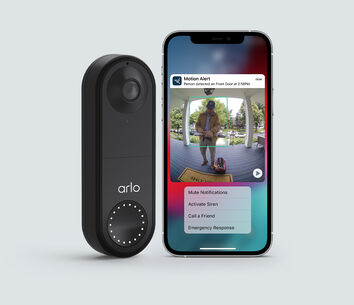 Arlo Secure + Wired Video Doorbell, in black, facing front