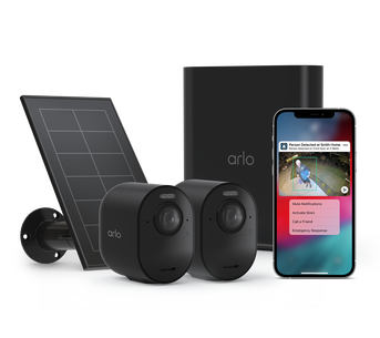 Arlo Secure Annual Plan + Ultra 2 - 2 Camera Kit + Solar Panel Charger, in black, facing right
