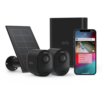 Arlo Secure Annual Plan + Ultra 2 - 2 Camera Kit + Solar Panel Charger, in black, facing right