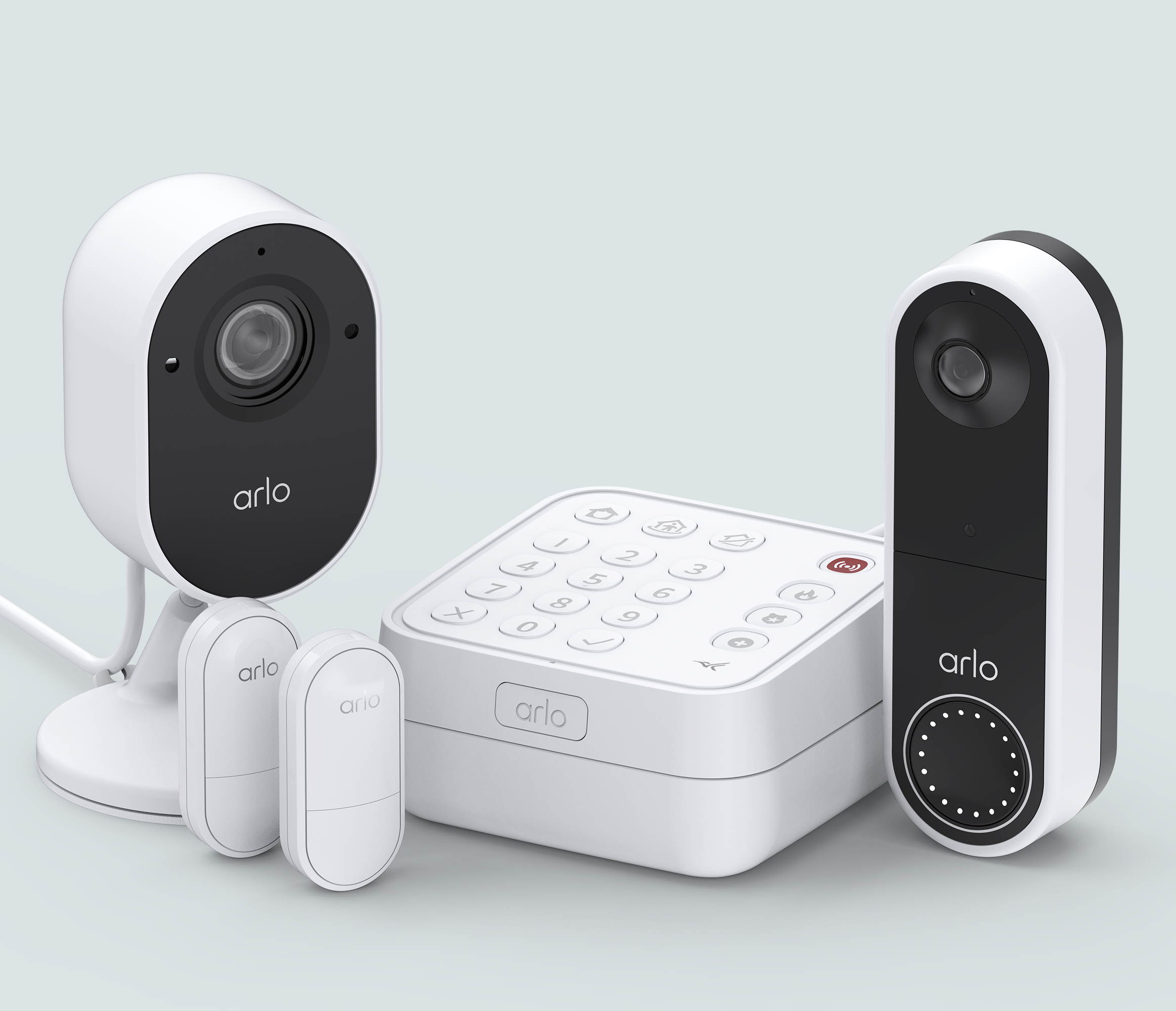 The Security System with 2 Sensors, Wireless Doorbell, & Essential Indoor Camera Bundle - White