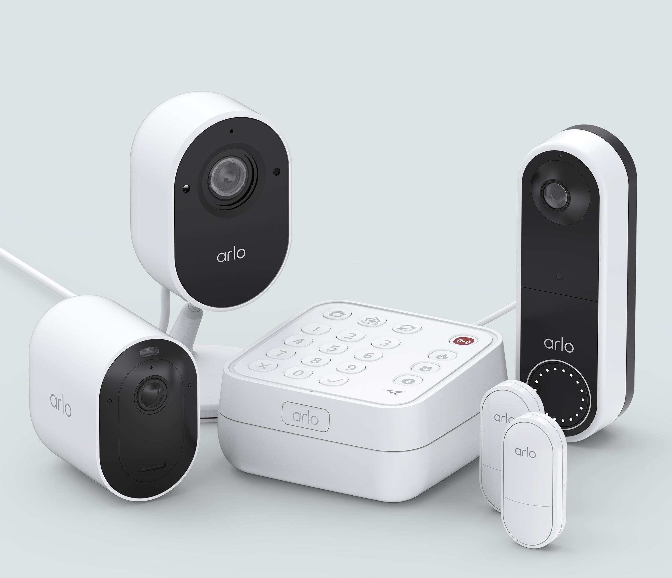 The Security System with 2 Sensors, Wireless Doorbell, Essential Indoor Camera & Pro 5 Bundle - White