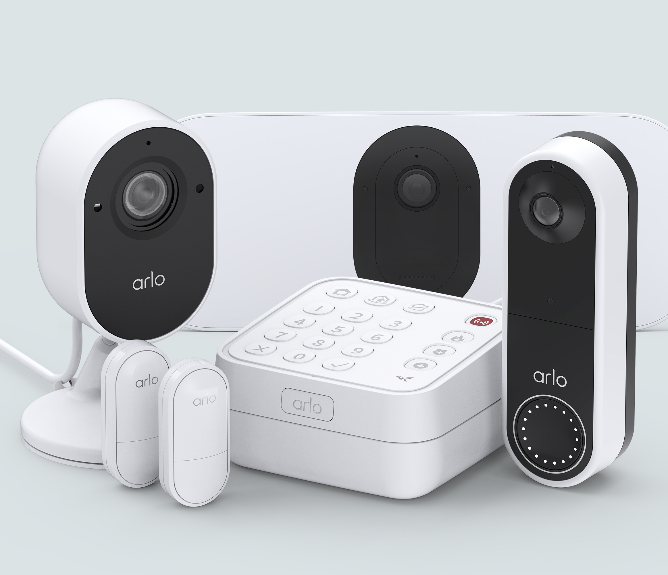 The Security System with 2 Sensors, Wireless Doorbell, Essential Indoor Camera, & Floodlight Bundle - White