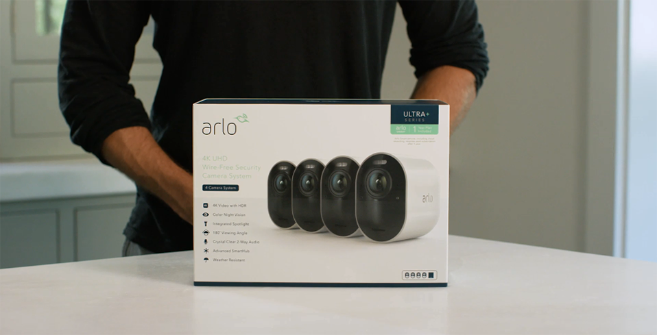 Arlo Ultra packaging sitting on top of white kitchen counter