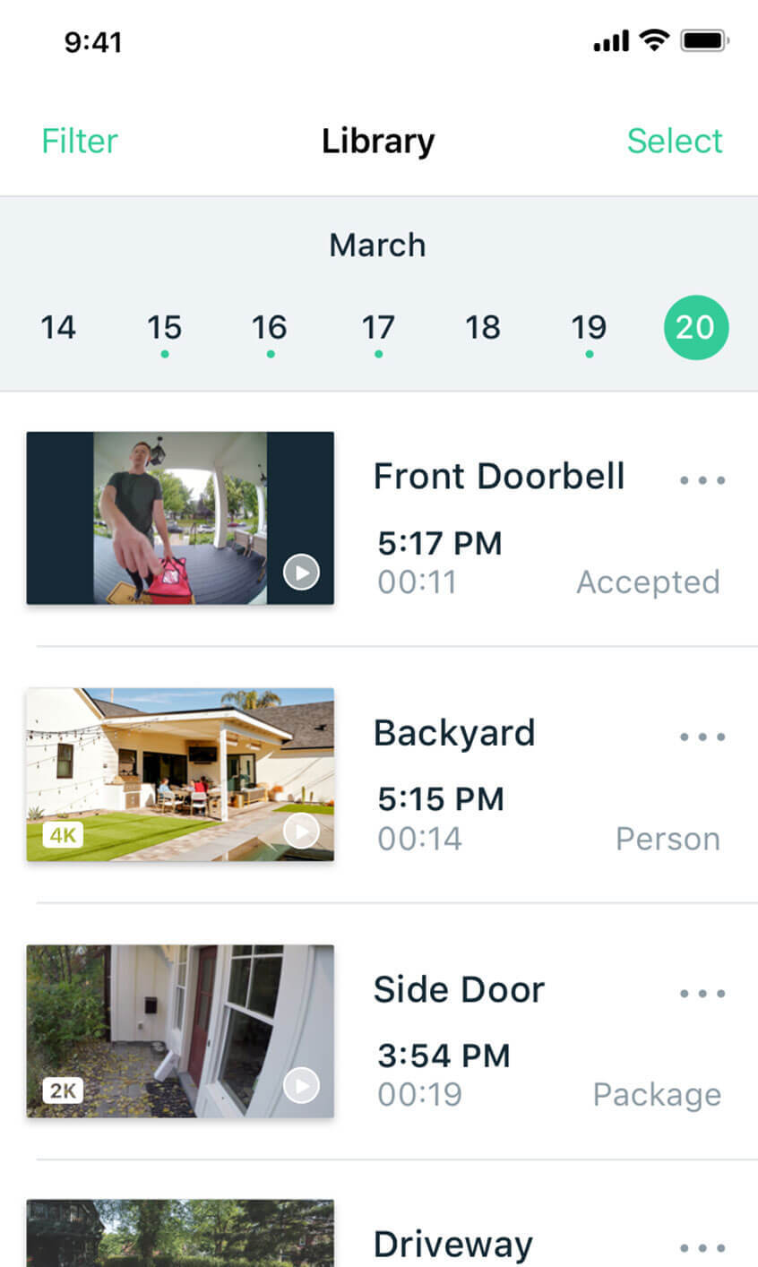 Smart phone displaying Arlo Secure app with video history library