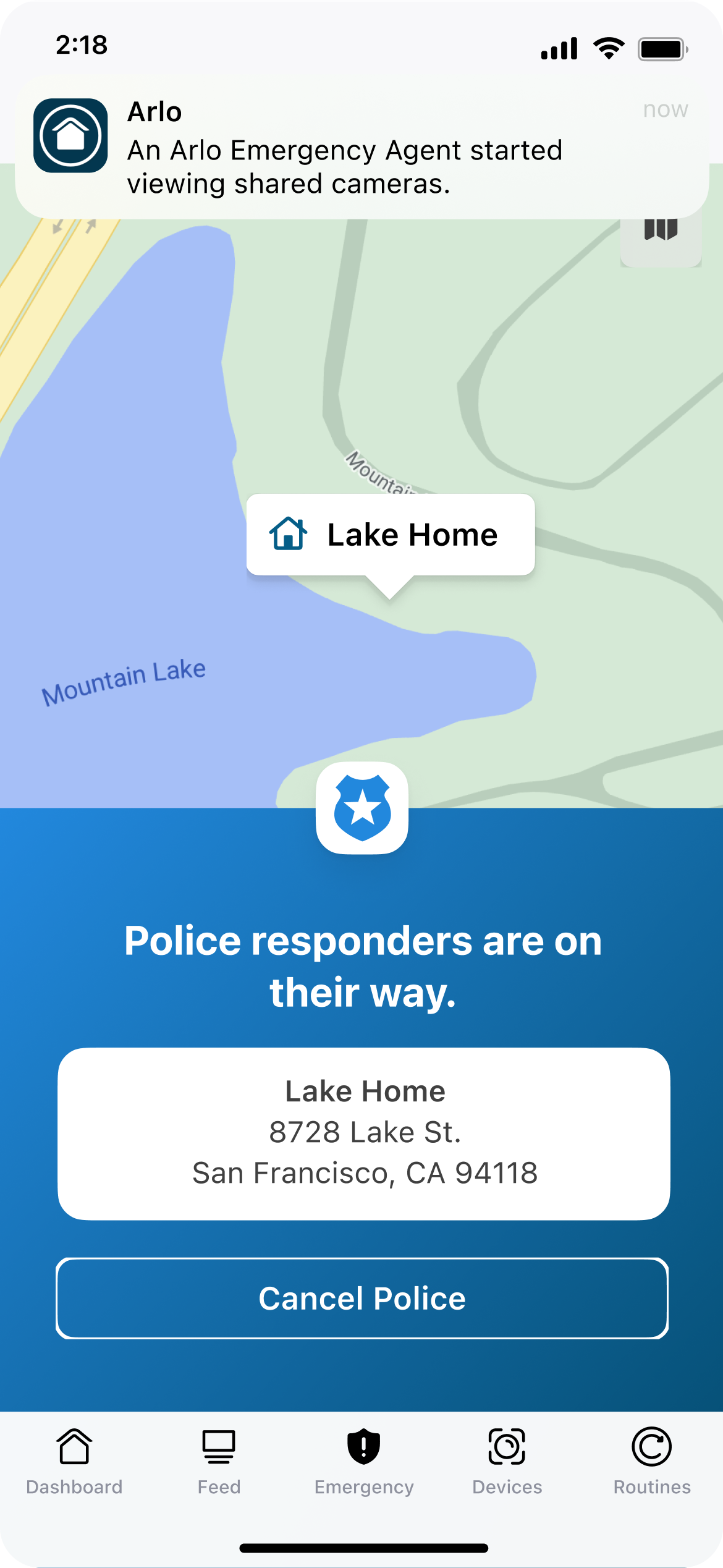 Smart phone displaying Arlo Secure App with quick emergency response connecting to 911