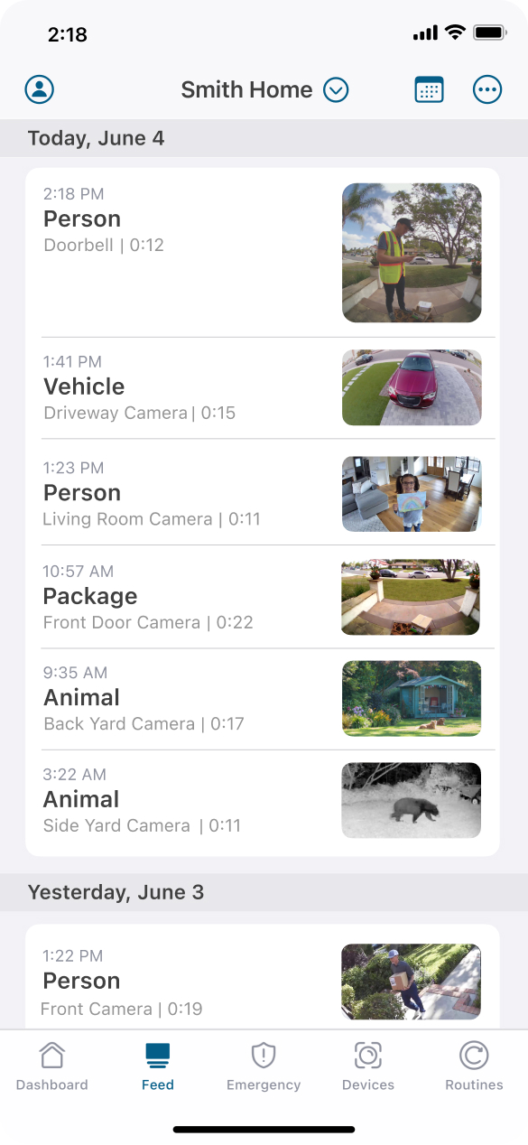 Smart phone displaying Arlo Secure App with video history library