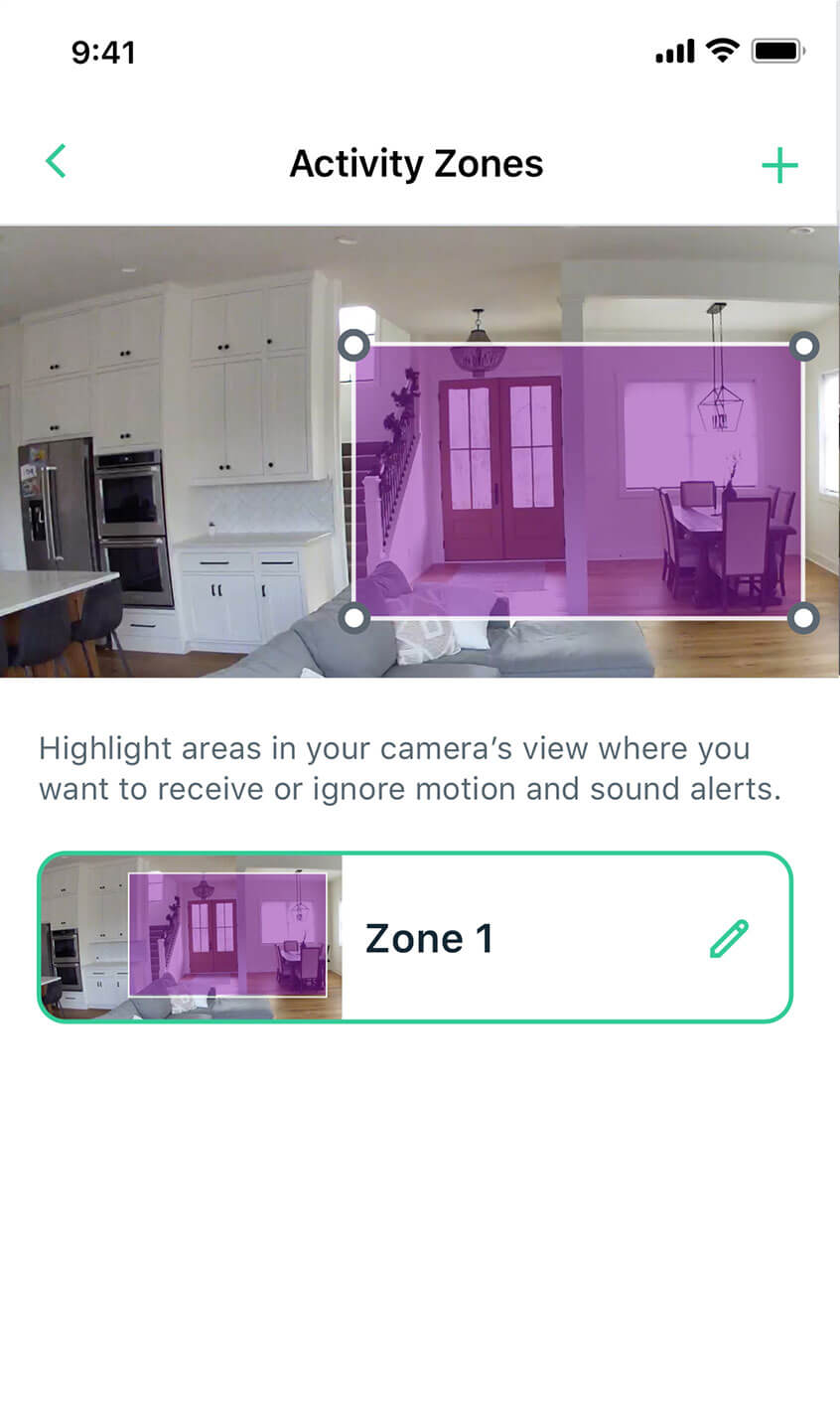 Smart phone displaying Arlo app with highlight activity zones