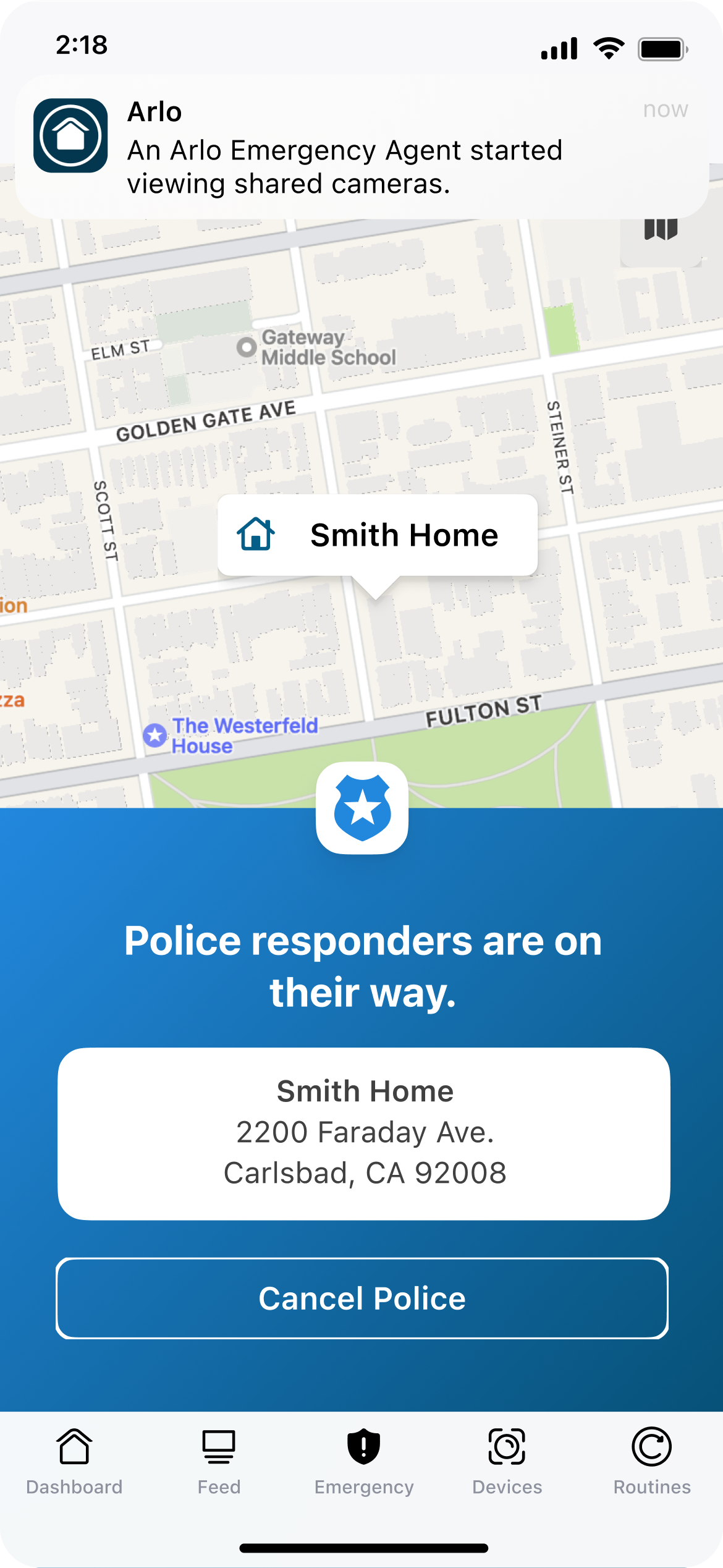 Smart phone displaying Arlo Secure App with quick emergency response connecting to 911